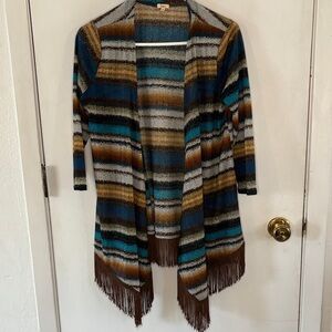 Reba blue brown striped open front cardigan with brown fringe Size Medium